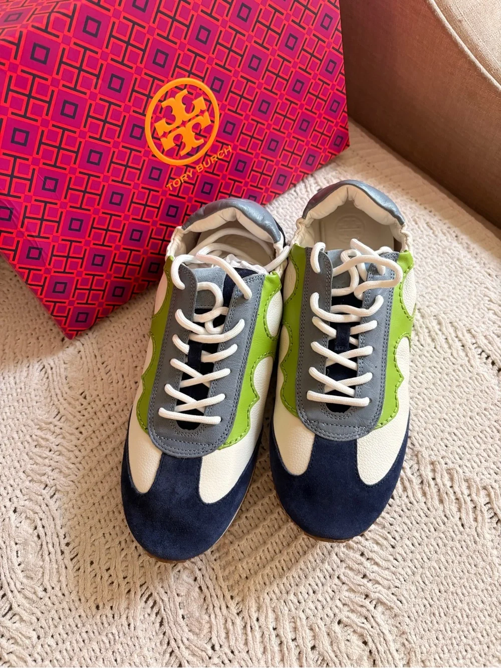 Tory Burch Navy, White & Green Leather Sneakers